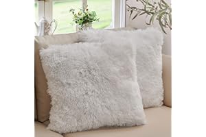Cheer Collection Throw Pillows for Couch and Bed, Soft Shaggy Throw Pillows with Inserts Included, Cozy Long Hair Faux Fur Pillows - Set of 2-18" x 18" - White