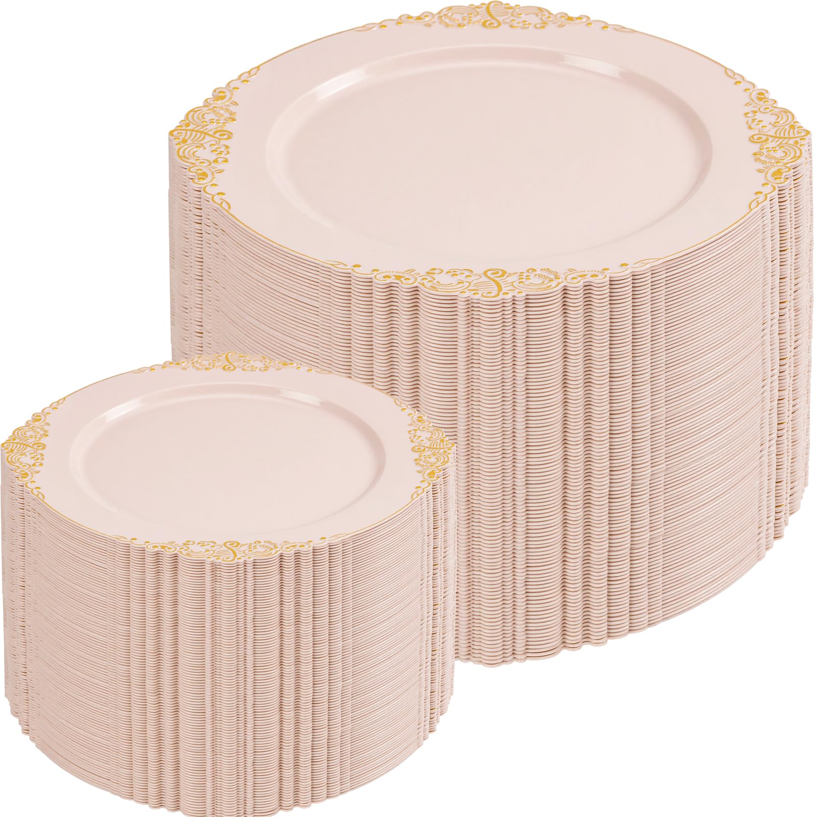 Photo 1 of Joyido 200PCS Pink and Gold Plates - Pink Plastic Plates - Fancy Disposable Plate with Gold Rim - Vintage Wedding Dinner & Dessert Plate for 100 Guests for Wedding & Party & Bridal Shower