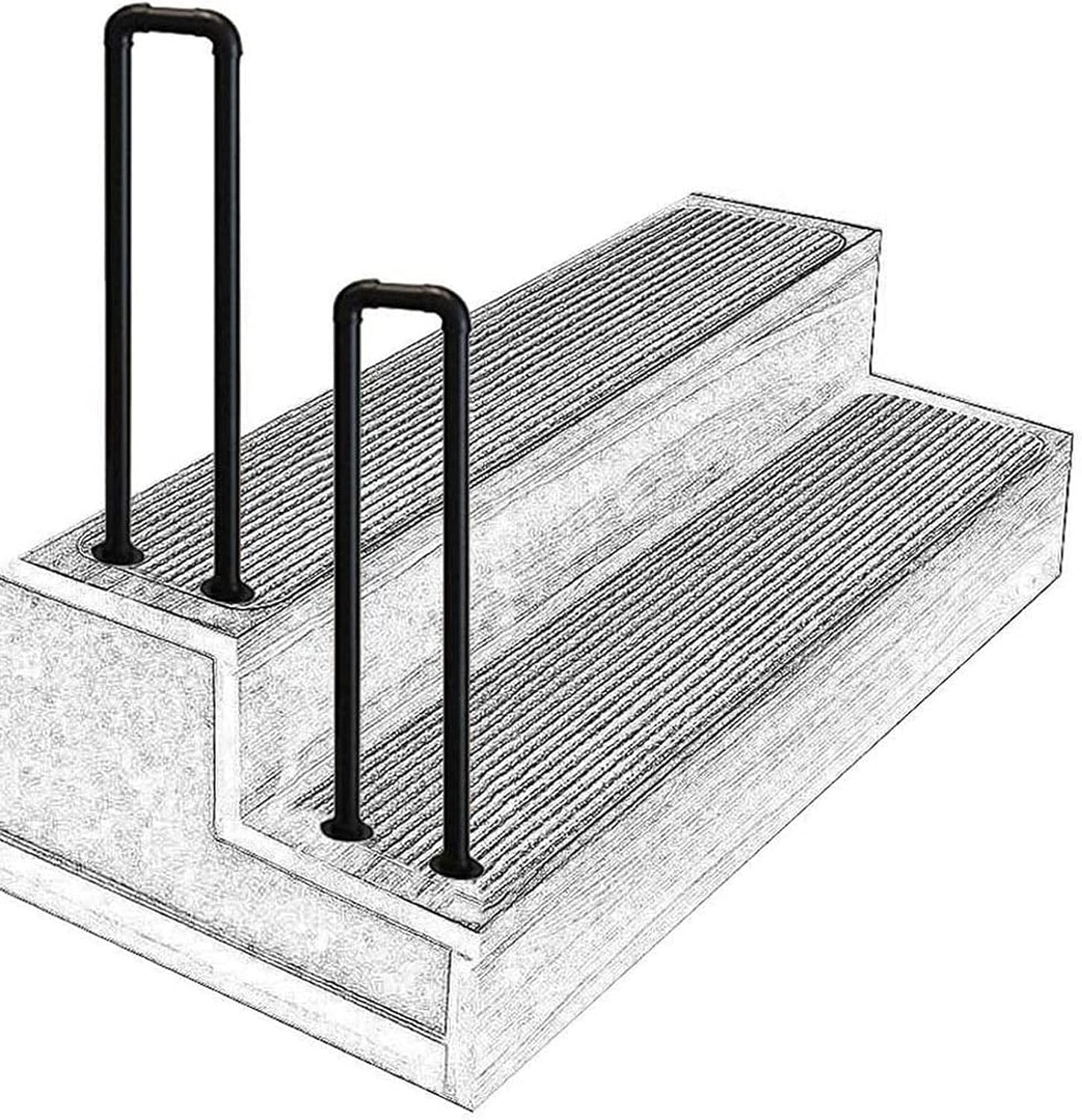 Black Metal Transitional Handrail for Cement Concrete Steps and Wooden