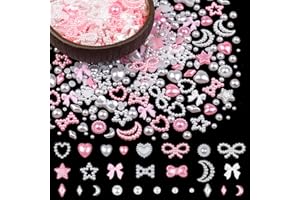 BELLEBOOST 600Pcs 3D Multi Shapes Nail Charms and Flatback Pearls, White&Pink Mix Styles Heart Star Bow Sunflower Embellishments for Nail Art, Craft and Decoration with Tweezer and Pickup Pencil