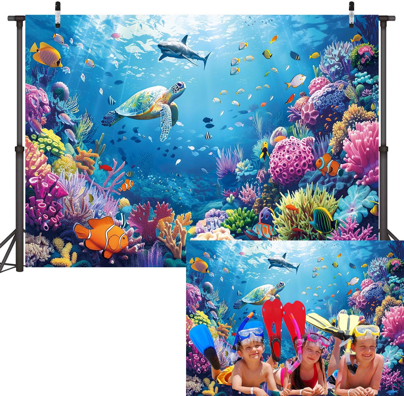 Photo 1 of PGSWEER Underwater World Backdrop 7x5FT Under The Sea Photography Background Fishbowl Backdrop Under The Sea Tropical Fish Baby Shower Birthday Party Banner