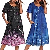 Ekouaer 2 Pack House Dresses for Women with Pockets Short Sleeve Moomoo Nightgown Plus Size Mumu Dress Floral Lounge Dress