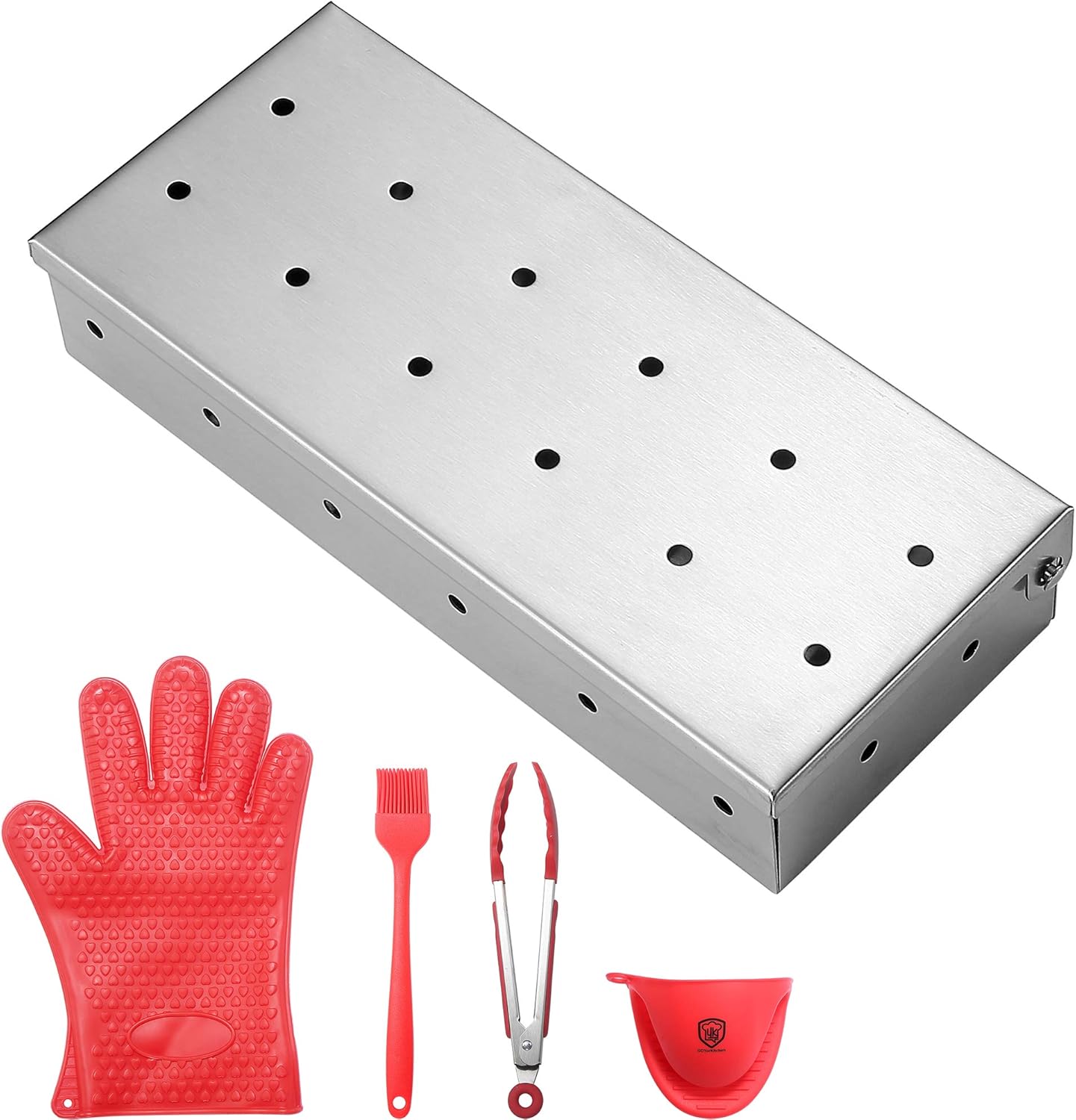 YK GDYORKITCHEN Smoker Box - Stainless Steel Gas Grill Smoker Box for BBQ Grill Wood Chips, Free Silicone Brush & 7 Inch Silicone Tong and Bonus Silicone Glove & Silicon Oven Mitt - for Gifts: Garden & Outdoor