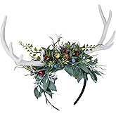 MOSTORY Handmade White Antler Headband with Green Leaves - Woodland Deer Horns Hairband Forest Reindeer Headpiece with Fruits for Women Girls Renaissance Hallowen Cosplay Photo Shoot