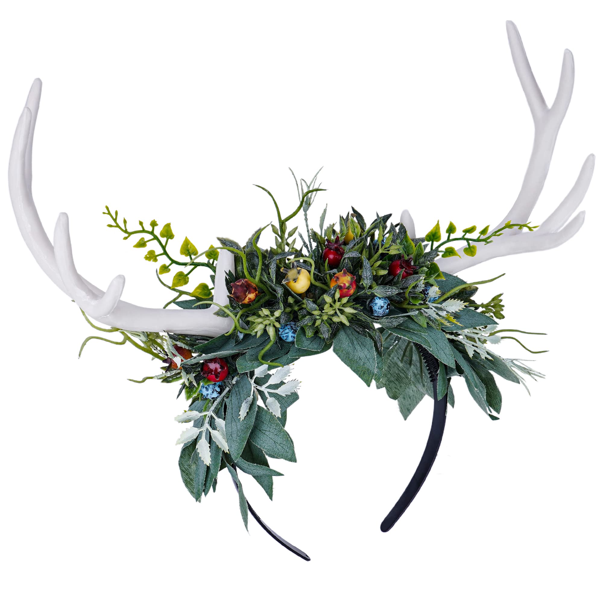 MOSTORY Antler Headband for Fairy Costume Women, Green Woodland Flower Crown with Leaf and Flower for Wedding Prom Cosplay Renaissance Halloween