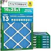 Filterbuy 16x25x1 Air Filter MERV 13 Smoke &amp; Allergy Defense (6-Pack) | Electrostatic Pleated HVAC AC Furnace Filters Replacement, Made in USA (Actual Size: 15.50 x 24.50 x 0.75)