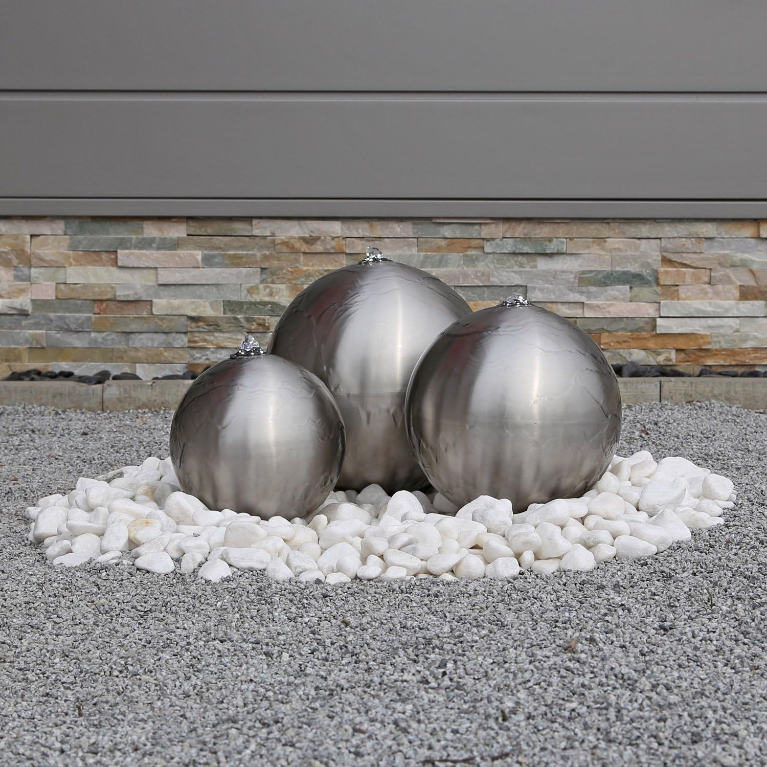 Edelstahl Kugelbrunnen ESB2 matt gebürstet 3 Edelstahlkugeln inkl. LED Beleuchtung Außenbereich Garten