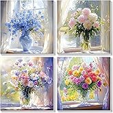 Bowetile 4 Pack Paint by Numbers for Adults Beginners Framed, Flowers Adults' Paint-by-Number Kits, Easy Adult Paint by Number Kits on Canvas, Acrylic Number Painting for Home Decor, 8x8in