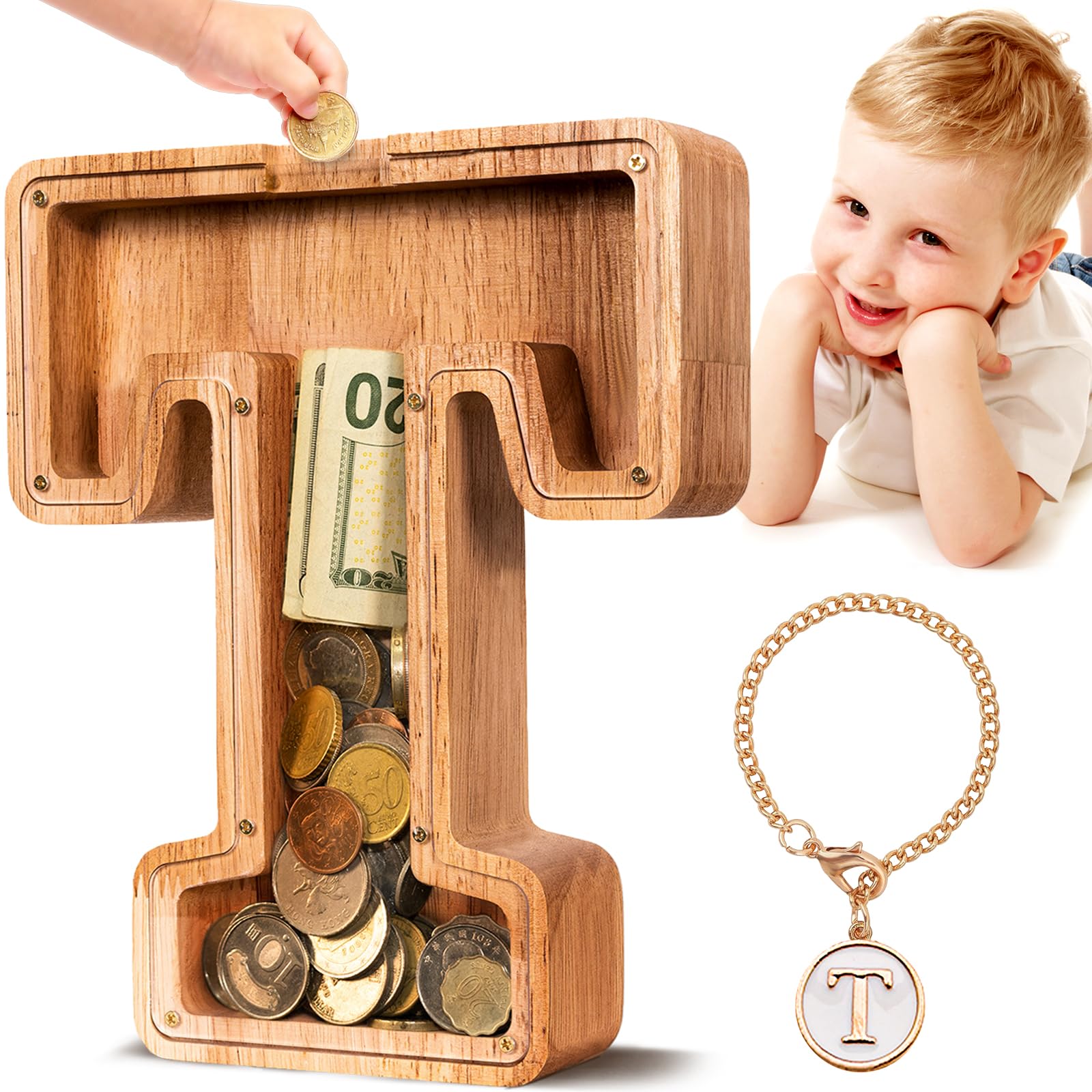 SummiDate Wooden Letter Money Box for Kids, Personalised Piggy Bank for Boys Girls Toddler, Alphabet T Coin Money Bank for Birthday Children's Day Gift
