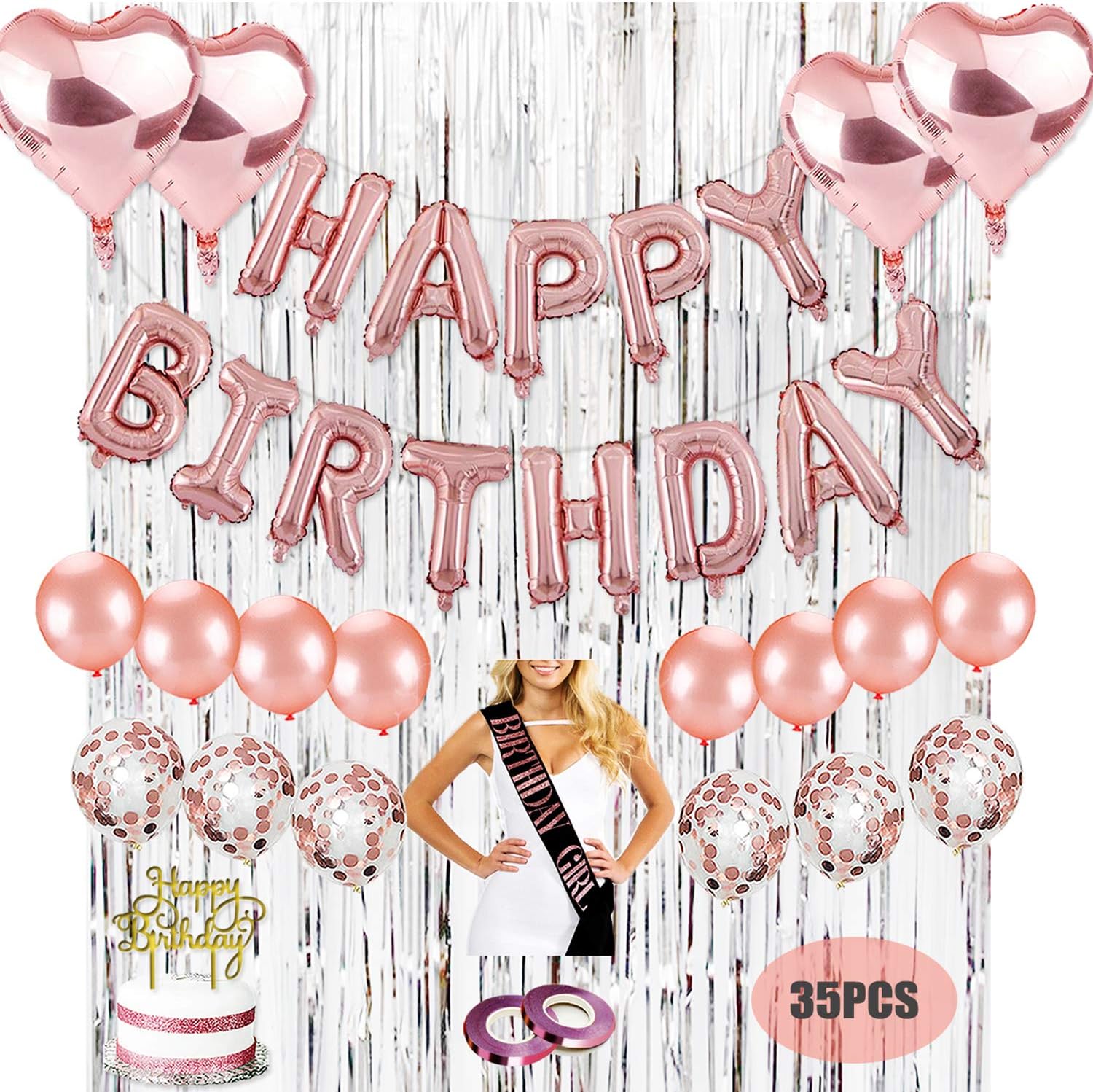 Kwayi Birthday Party Decorations Kit, Gold Rose Happy Birthday Party Supplies with HAPPY BRITHDAY Foil Balloon, Silver Curtain, Sash, Cake Topper, Whole Set 35PCS For Women Girl All Ages Birthday Party Decoration