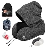 Travel Pillow with Extra Large Hood for Airplane Long Flights Privacy and Comfort Memory Foam with Skin-Friendly Cover for Road Trip Head&Neck Support for Plane Office Cars Sleeping & Rest (Grey)