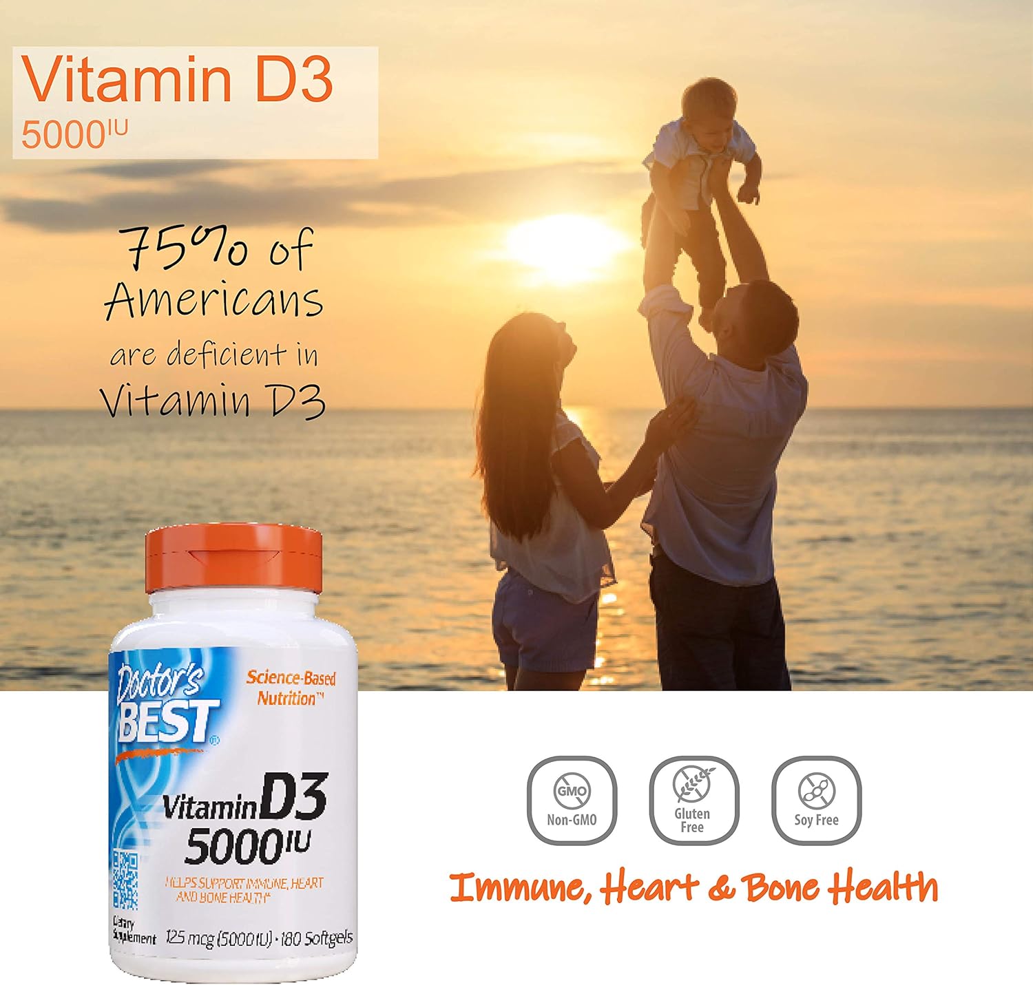 Doctor's Best Vitamin D3 5000IU, Non-GMO, Gluten Free, Soy Free, Regulates Immune Function, Supports Healthy Bones, 180 Count (Pack of 1): Health & Personal Care
