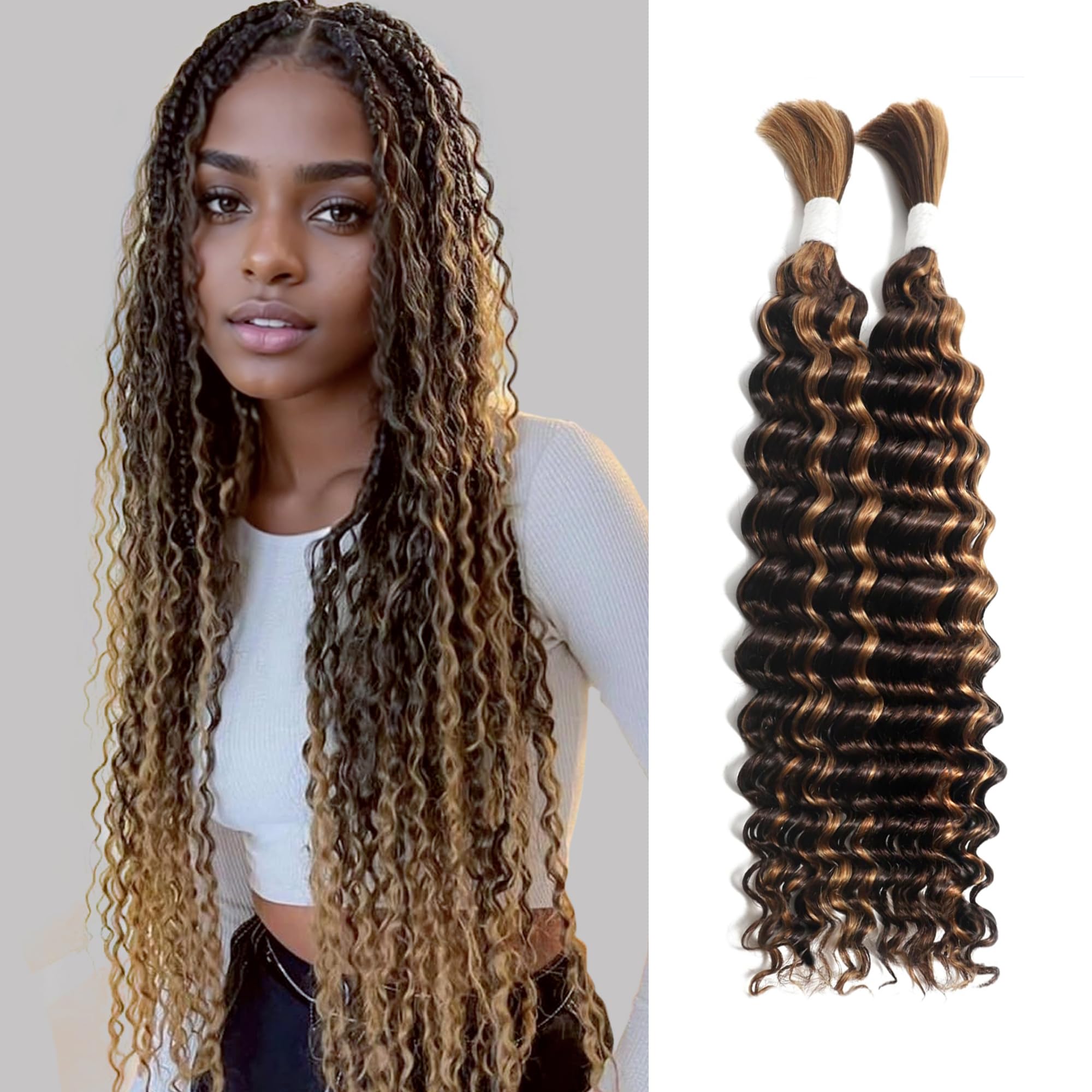 Human 10A Brazilian Curly Hair for Braiding - 2 Bundles No Weft Micro Extension - Virgin Hair (P4-30#, 100g 16") — image 1