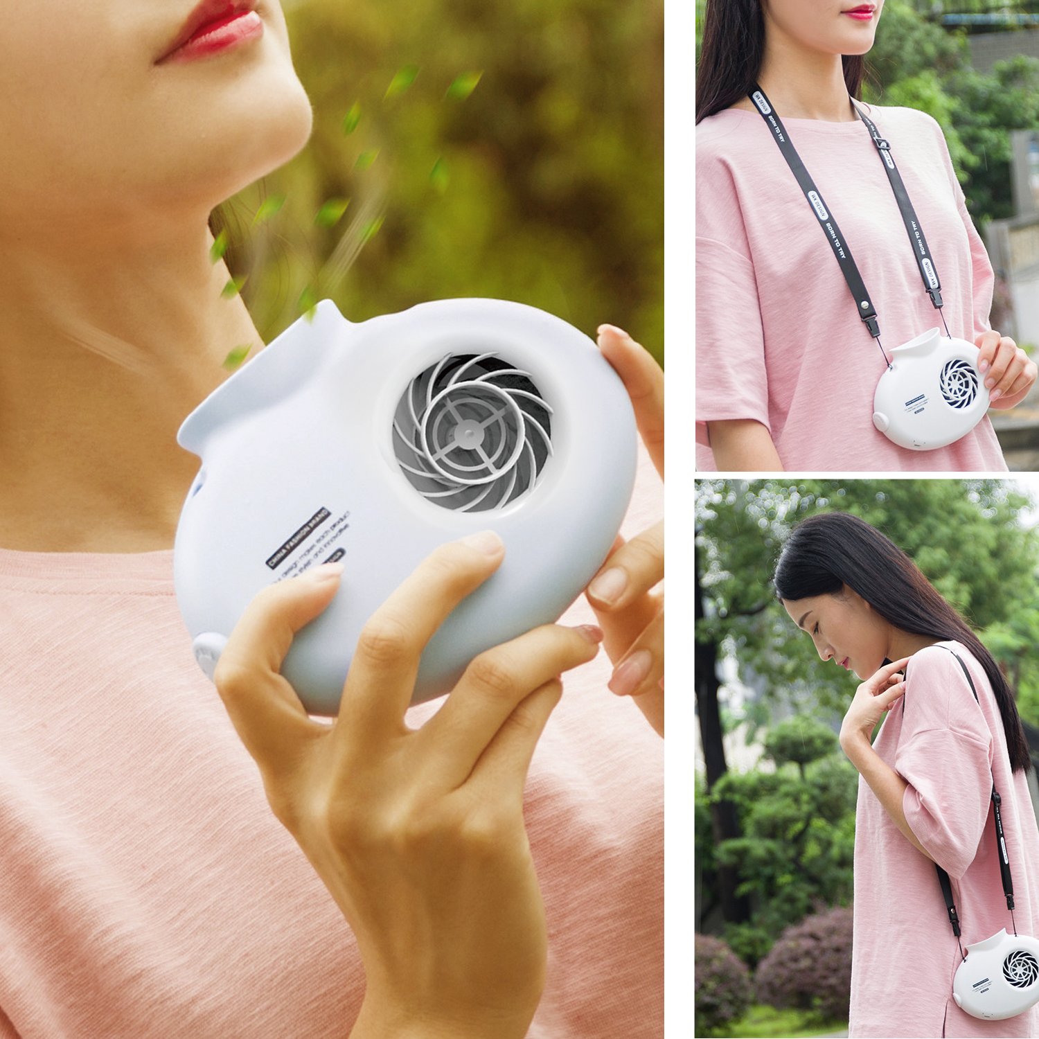 WK Portable Necklace Fan with Nylon Neck Strap and Adjustable Switch - Rechargeable Cooling Fan Equipped with Two Sponges to Release Perfume and Cooling Air（White）