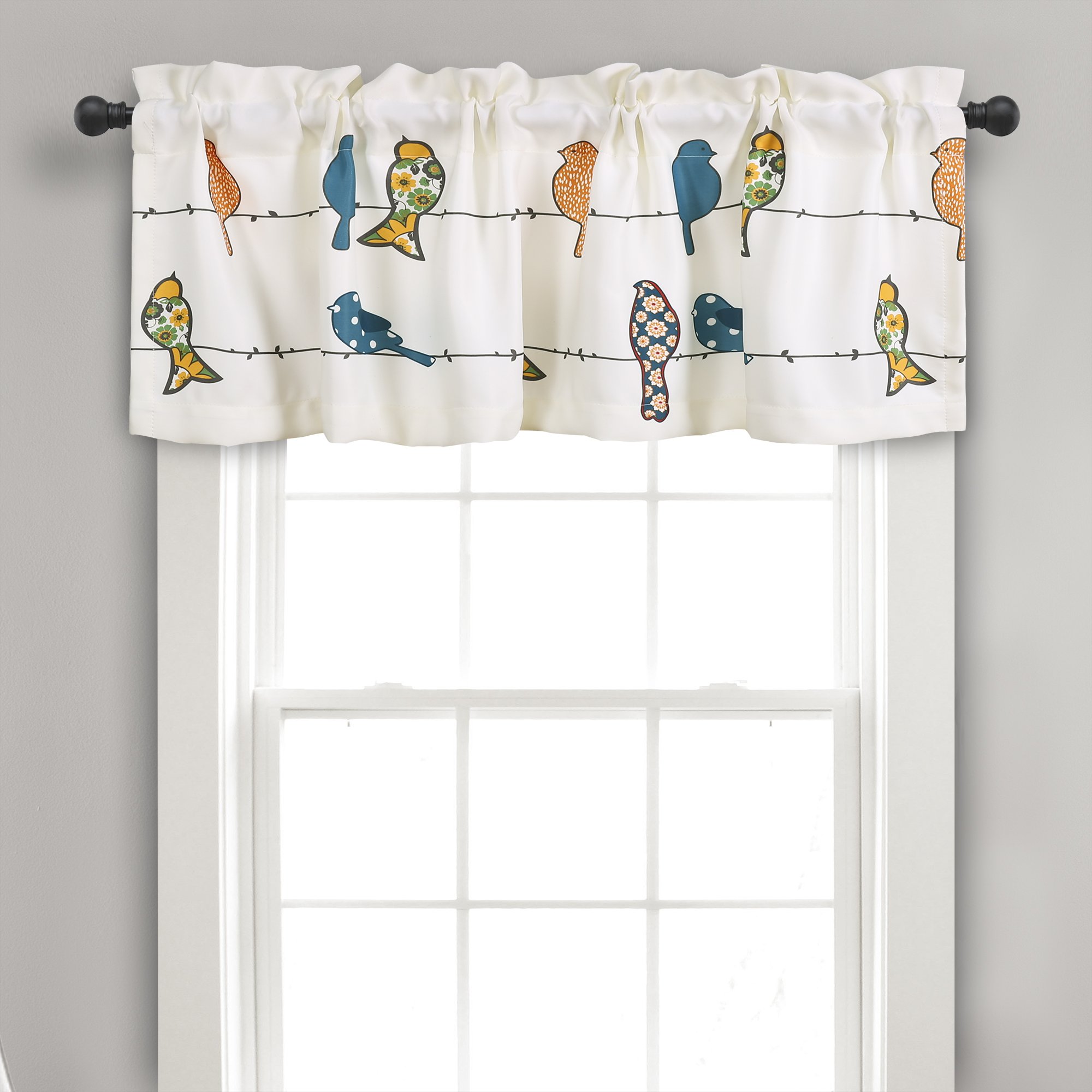 Lush Decor Rowley Birds Light Filtering Valance, Single Panel, 52" W x 18" L, Multi - Colorful Floral Bird Pattern - Whimsical & Playful Bird Curtain - Farmhouse, Coastal, & Boho Window Decor