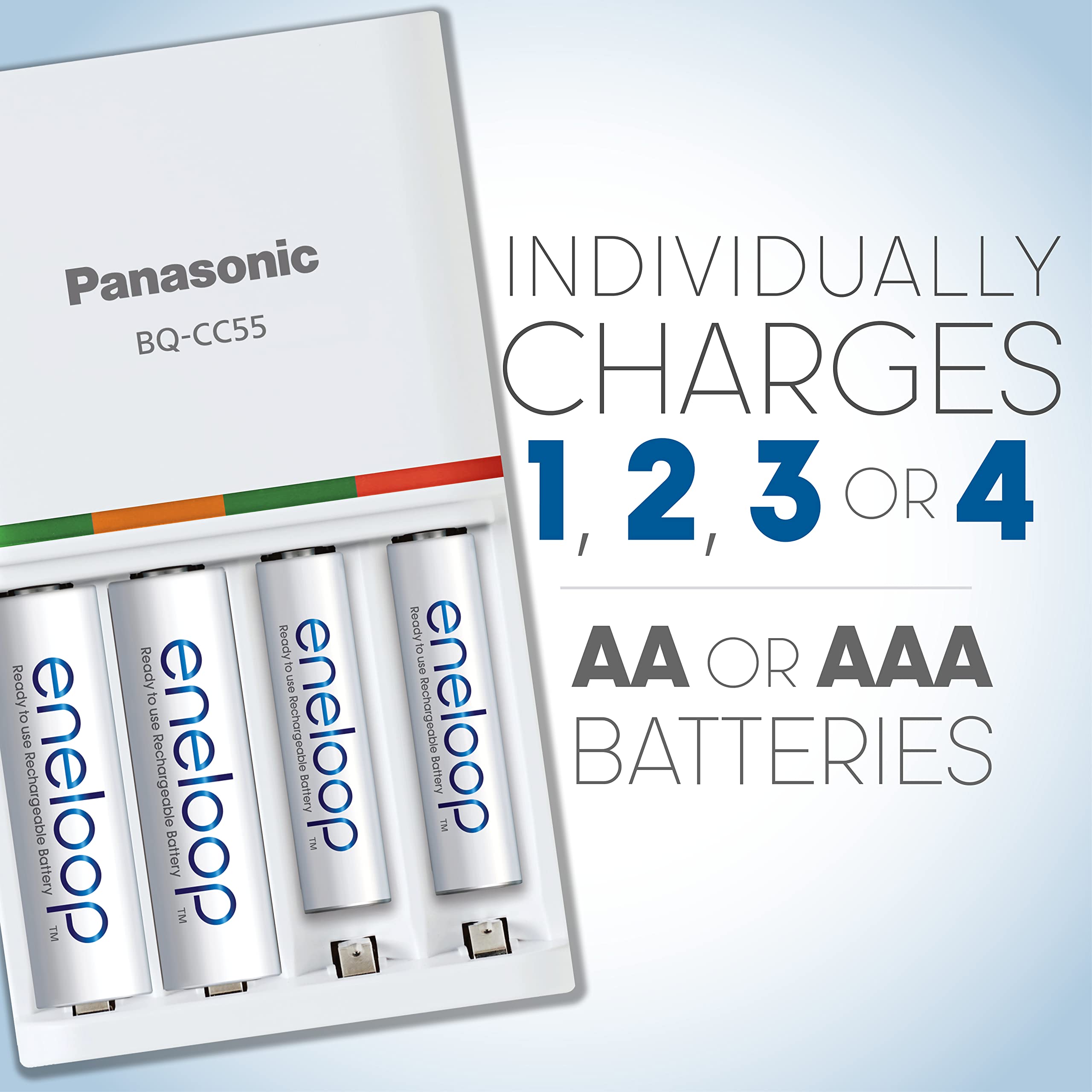 Panasonic K-KJ55MCA4BA Advanced Individual Battery 3 Hour Quick Charger with 4 AA eneloop Rechargeable Batteries, White