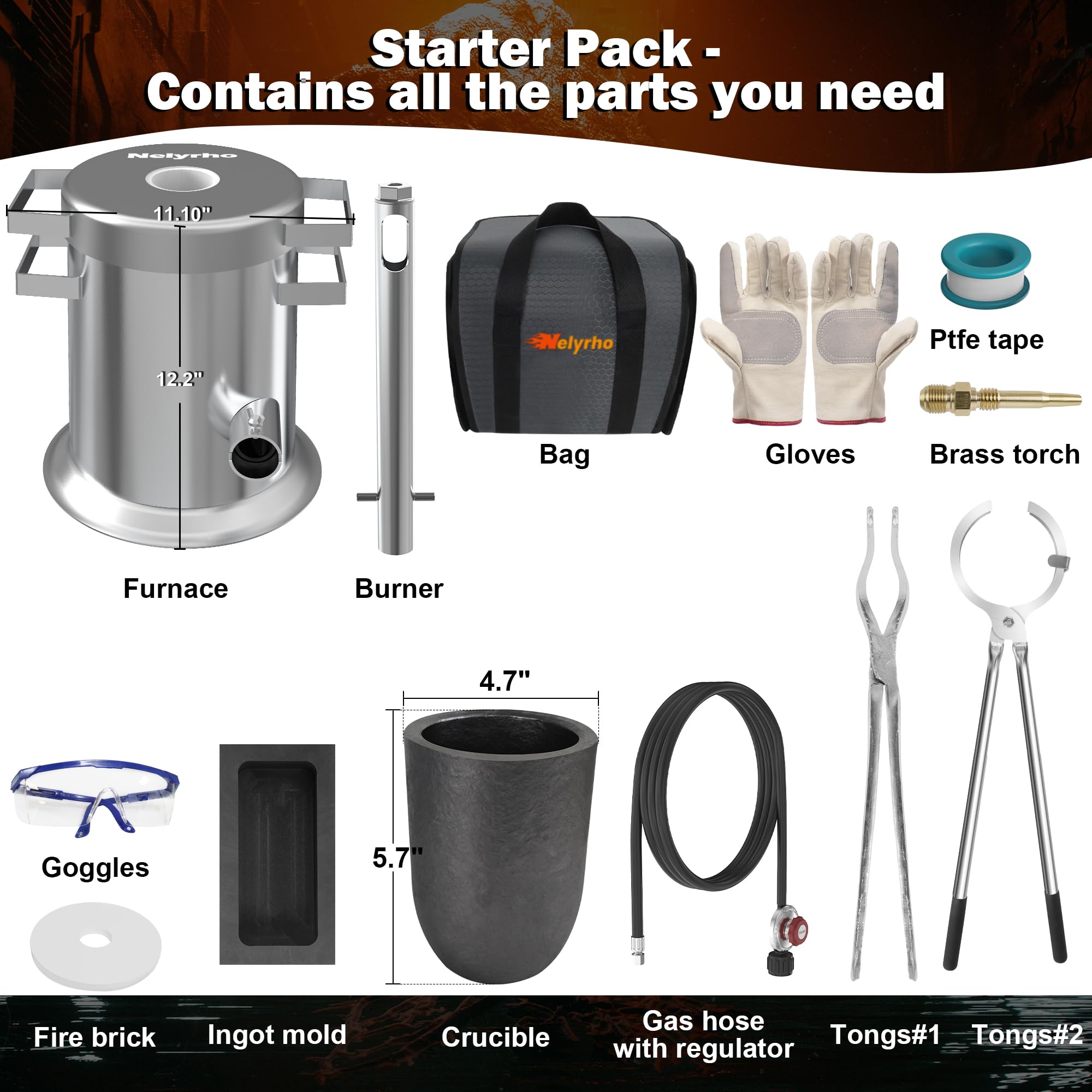 Nelyrho 6KG Melting Furnace Kit, Stainless Steel Foundry with Crucible Tongs, Ingot Mold, Goggles, Gloves, Carry Bag, Ideal for Smelting Silver, Copper, and Aluminum, Metal Recycling Casting Tool