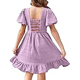 Arshiner Girls Backless Dress Short Sleeve Square Neck Ruffle Hem Elegant Dresses