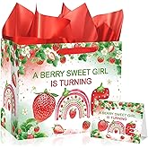 Strawberry 1st Birthday Gift Bag Our Sweet Berry Girl Is Turning One Gifts Bag with Wrapping Paper Greeting Card Cute Red Berry Themed Decorations for Baby Shower Party Favors Supplies