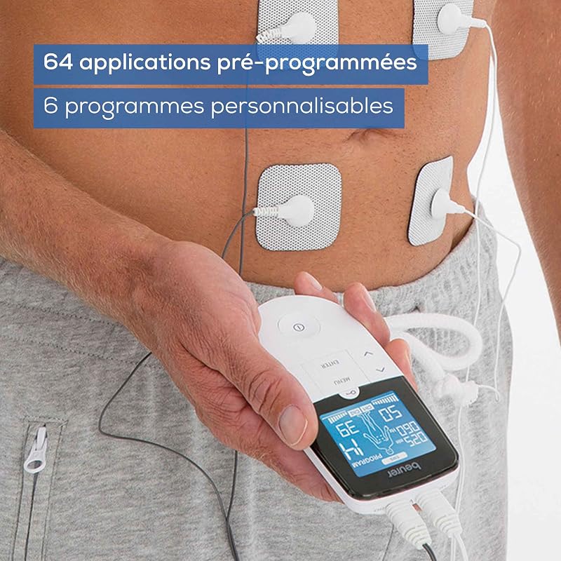 EM49 Électrostimulateur musculaire 3 en 1 :TENS/EMS/Massage, thérapie anti-douleur TENS, stimulation électrique des muscles EMS, 4électrodes, Noir réutilisables incluses, facile à emporter