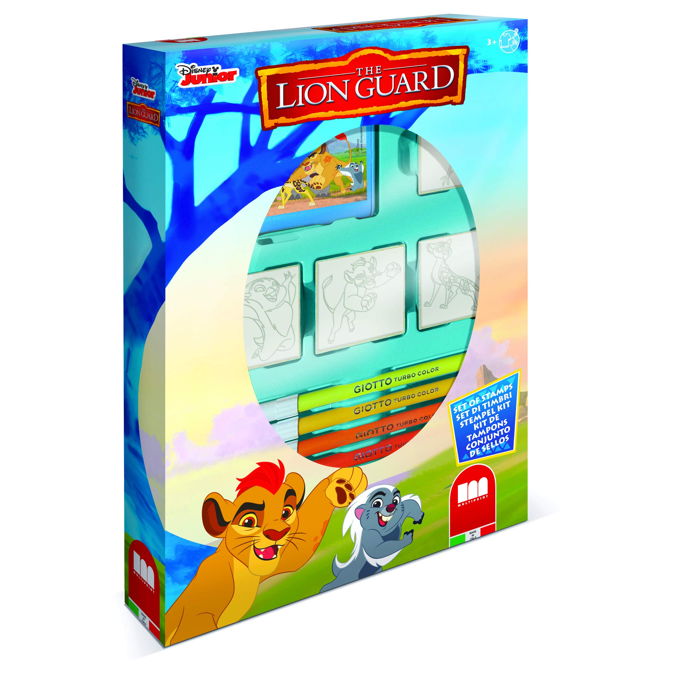 Multiprint Box 4 Stamps for Kids Disney The Lion Guard, 100% Made in Italy, Personalized Stamps for Children, in Wood and Natural Rubber, Non-toxic Washable Ink, Gift Idea, art.27946