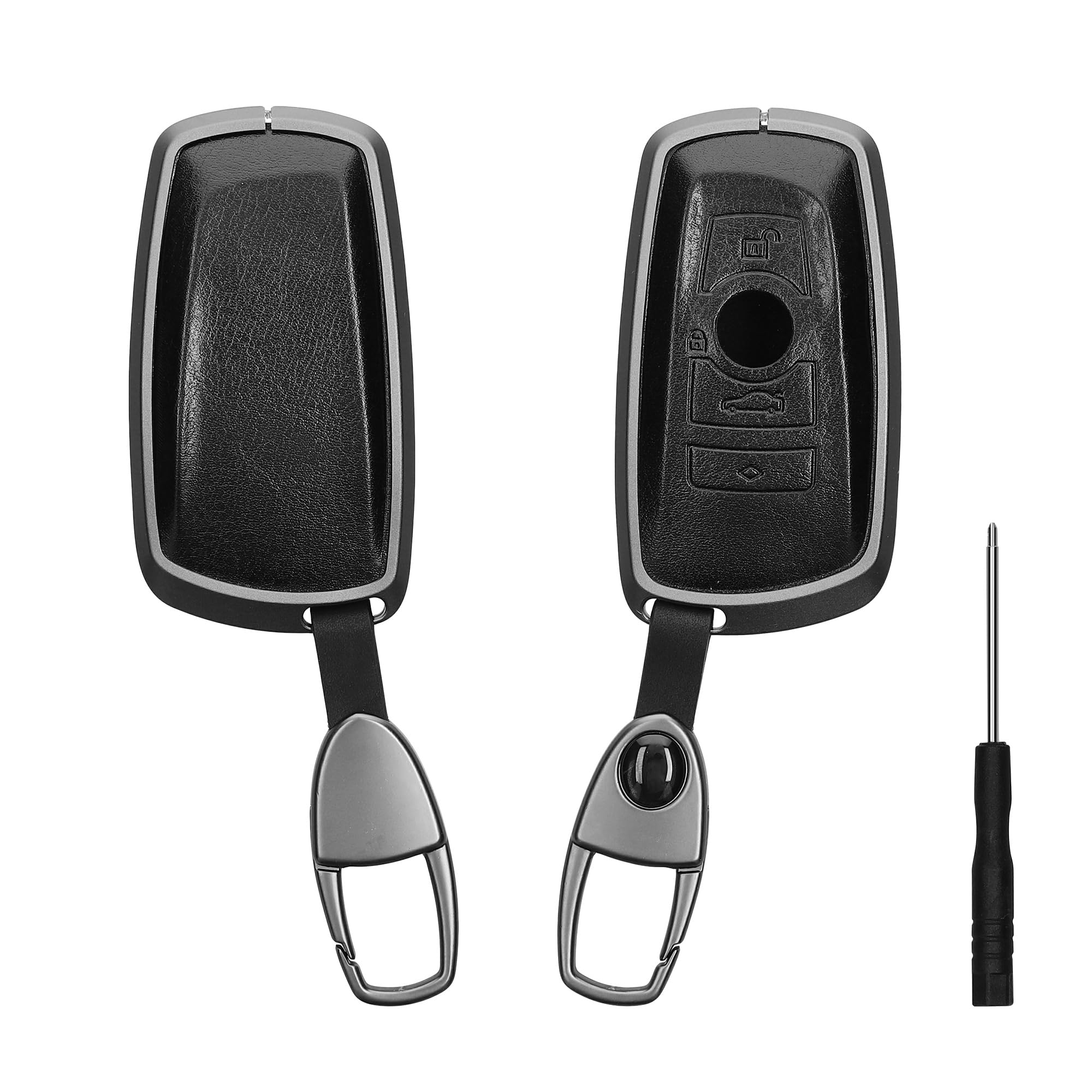 kwmobile Car Key Case Compatible With BMW 3 Button Remote Control Car Key (only Keyless Go) Case - Metal and PU Cover and Keyring - Black/Metallic Black