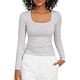PrettyGuide Womens Cotton Square Neck Tops Slim Fit Long Sleeve Going Out Tops Fall Spring Casual Basic Tees T Shirts