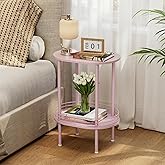 Small Oval Side Table with Storage, 2-Tier Pink End Table for Small Space | Simple Nightstand with Metal Frame, Modern Round Bedside Table for Living Room, Bedroom, Bathroom, Nursery（1 PC, Pink）