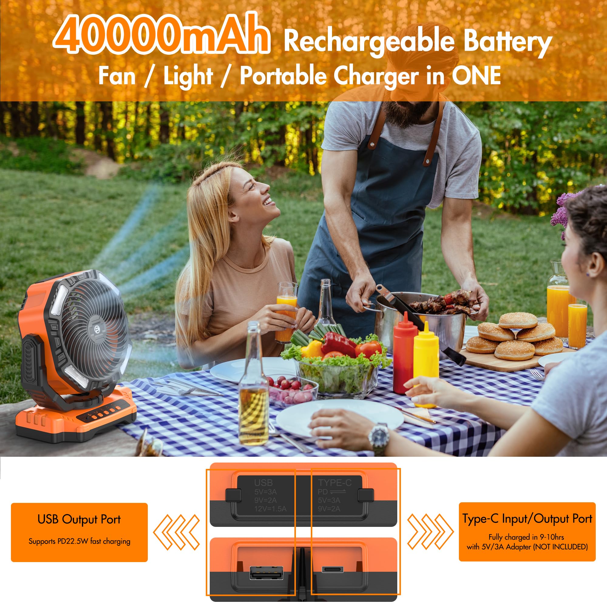 40000mAh Battery Powered Camping Fan - 136H Max Cooling, Rechargeable Battery Operated Oscillating Floor Fan with Charger, Remote & Hook, Portable for Tent Outdoor Patio Garage Hurricane Power Outage
