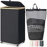 Goodpick 100L Large Rolling Laundry Basket with Wheels and Lid, Black | 17.3" &times; 13" &times; 29.5" Collapsible Laundry Hamper for Clothes &amp; Blankets Storage, Removable Wash Bag, Bathroom Organization