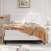 SHA CERLIN Full Upholstered Platform Bed Frame with Vertical Channel Tufted Velvet Fabric Adjustable Headboard, Wooden Slats Support, Mattress Foundation, Box Spring Optional, White