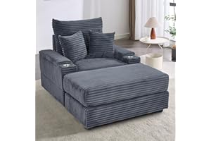 Neylory 42.5" Oversized Corduroy Lounge Chair Indoor, Reclining Chair Chaise Lounge Sofa with Ottoman, Comfy Leisure Sofa Recliner Cloud Couch for for Living Room, Grey (Storage & Cupholder)