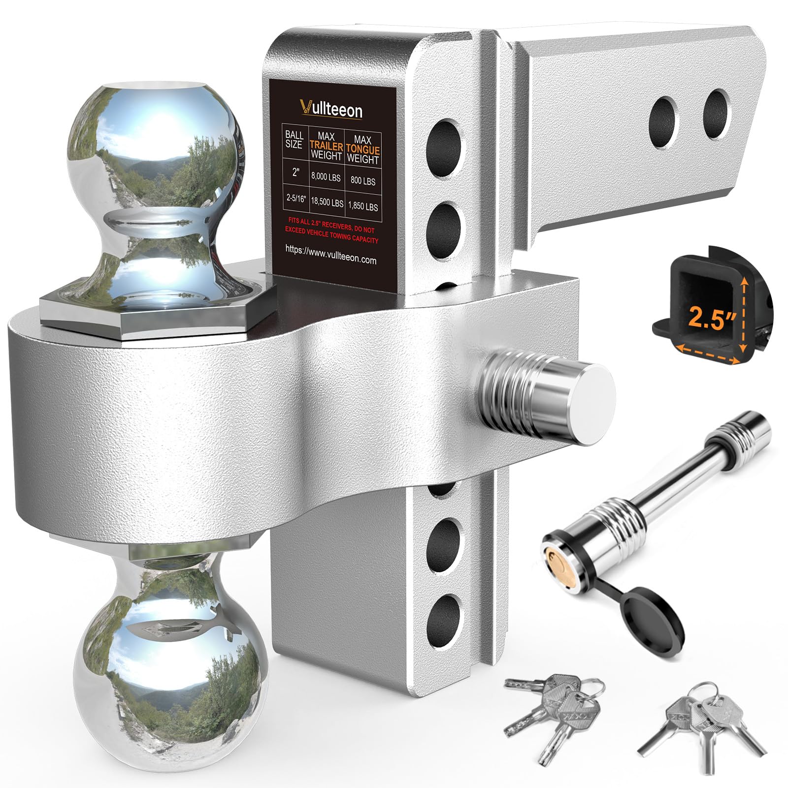 Photo 1 of (MISSING BALL MOUNT) Drop Hitch 2.5 Inch Receiver, Vullteeon 6 Inch Adjustable Trailer Hitch Ball Mount, 18,500 LBS GTW, (2" & 2-5/16") Chrome Plated Steels Balls, Class 5 Aluminum Tow Hitches, 2 Anti-Theft Pins Locks