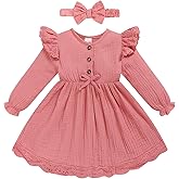 Sinhoon Toddler Fall Dress Baby Girl Dress Ruffle Long Sleeve Toddler Girl Dress Smocked Baby Fall Dresses with Bow Headband