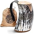 Norse Tradesman LG Viking Drinking Horn Mug - 100% Authentic Beer Horn Tankard With Hardwood Bottom and Ring Engravings | The Eternal, High Polish, approx. 16 oz