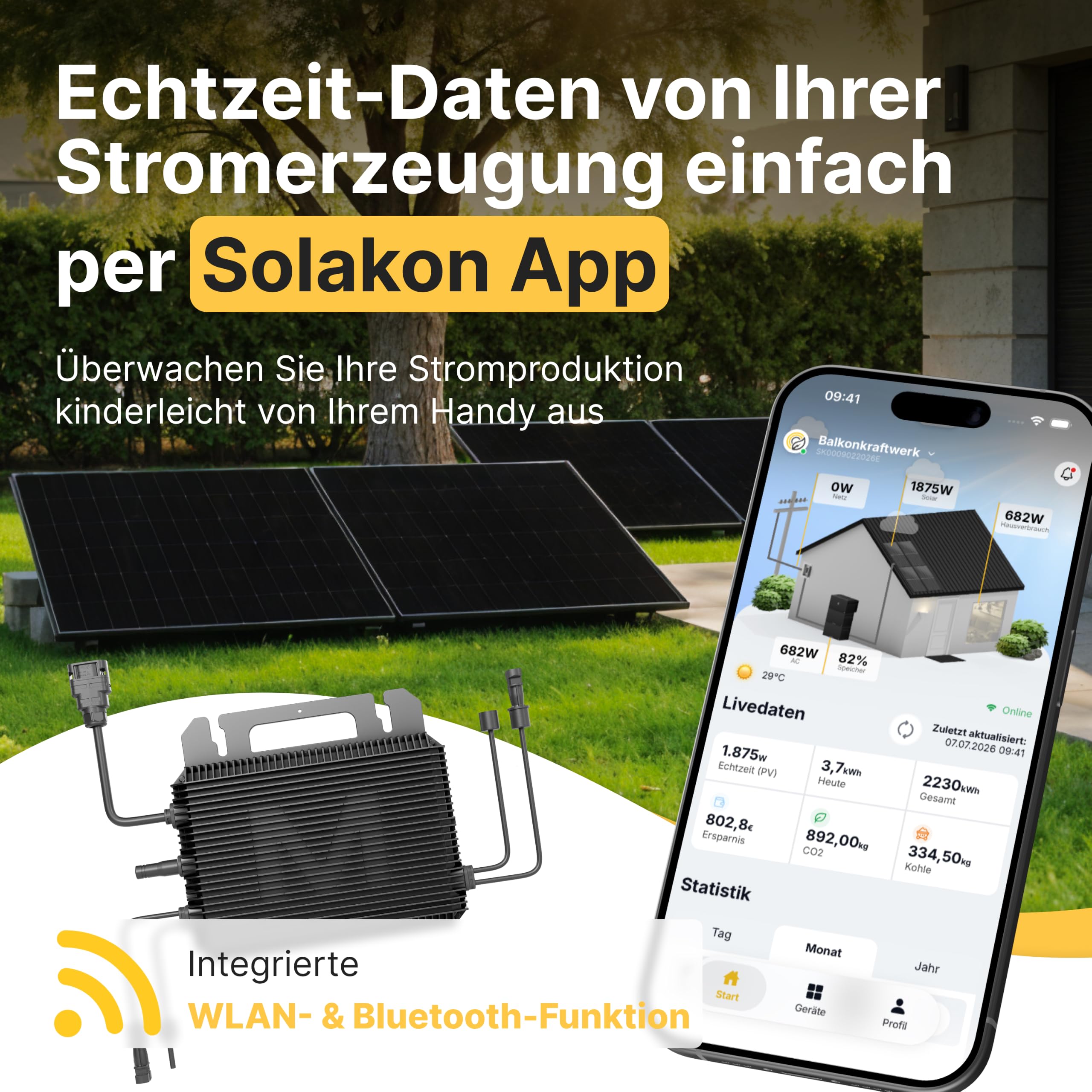 Solakon® 900W Balkonkraftwerk - Balkonkraftwerk 800W komplett Steckdose - neuester 800 Watt Wechselrichter - Solaranlage Komplettset - 450W bifaziale Solarmodule inkl. Zubehör - 3m Kabel 2