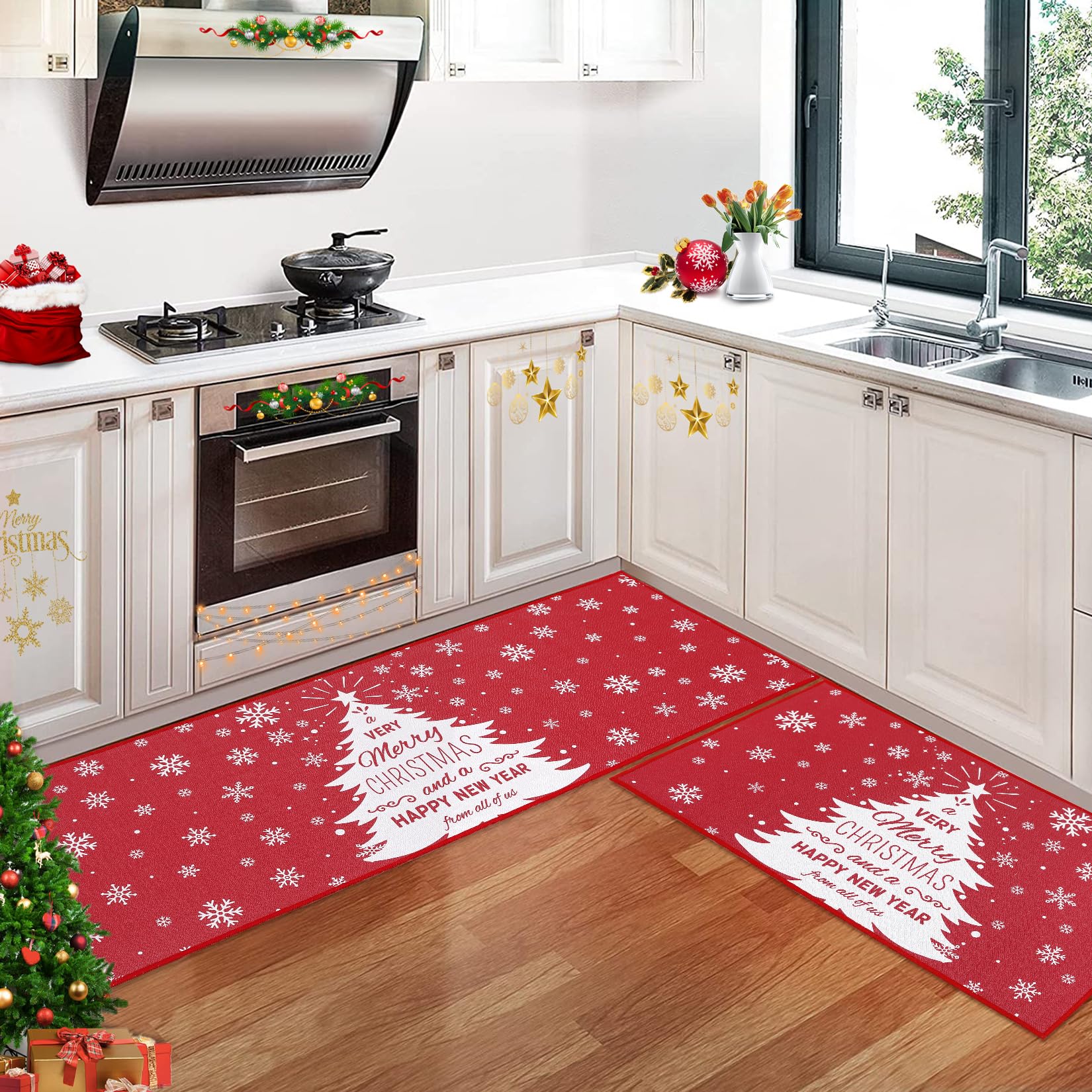 CAROMIO Christmas Kitchen Mats Set of 2, Flax Rugs and Mats Farmhouse Snowman and Christmas Tree Mats for Floor Bathroom, Kitchen Decorations for Home 40x60cm + 40x120cm