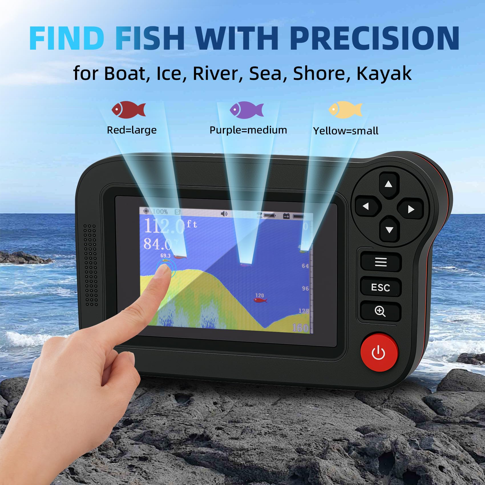 Portable Rechargeable Fish Finder, Wireless Sonar FishFinder, Castable Kayak Depth Finder with 105° Beam Angle and TFT LCD Display, 2.6-164 FT of Depth Locator,for Shore, Sea ＆ Ice Fishing