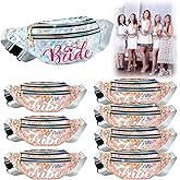 8 Pieces Bachelorette Party Gifts for Bride Holographic Bride Fanny Packs Waterproof Adjustable Bridesmaid Tribe Waist Bag Silver Rose Gold Squad Packs Rave Bags for Wedding Party Bridal Shower