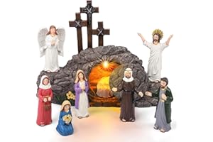 Fovths 9 Pieces Easter LED Cross Shaped Resin Table Decor Resurrection of Jesus Statue Set Easter Resin Tabletop Decoration f