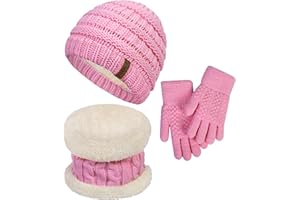 YSense 3 Pcs Kids Winter Beanie Hat Scarf Gloves Set Thick Knit Warm Fleece Fuzzy Lined Beanie Caps Mittens for Boys Girls