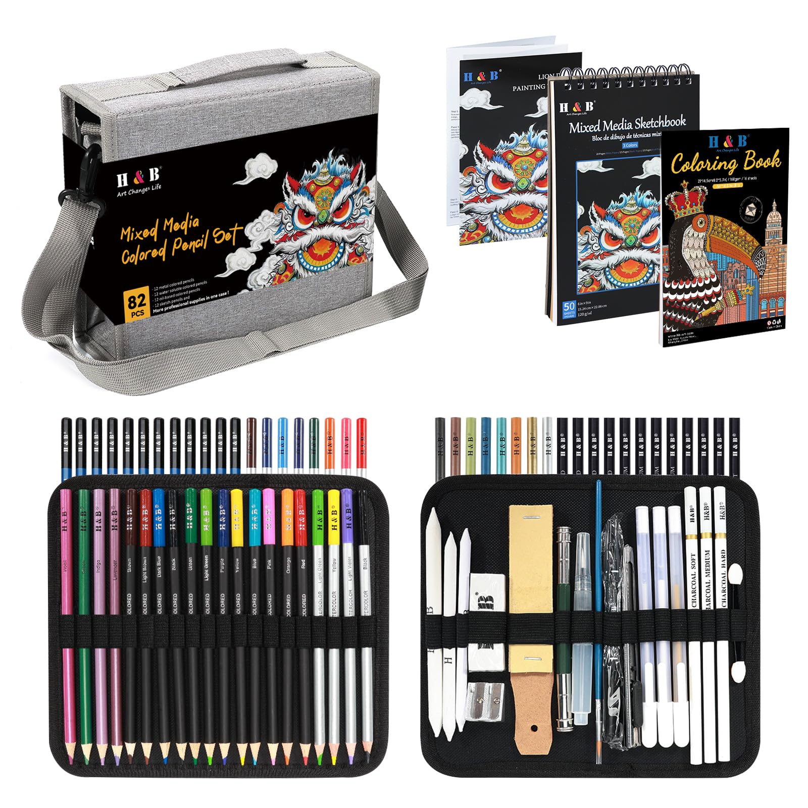 H & B Colouring Pencils Colored Pencil Set 82pcs with Portable Zipper Shoulder Bag 2 Sketch Books Art Supplies Drawing Kit for Adult Coloring and Artists Sketching Grey