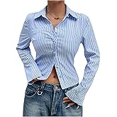 SHENHE Women's Striped Button Down Crop Shirt Long Sleeve Fitted Blouse Work Shirt Top