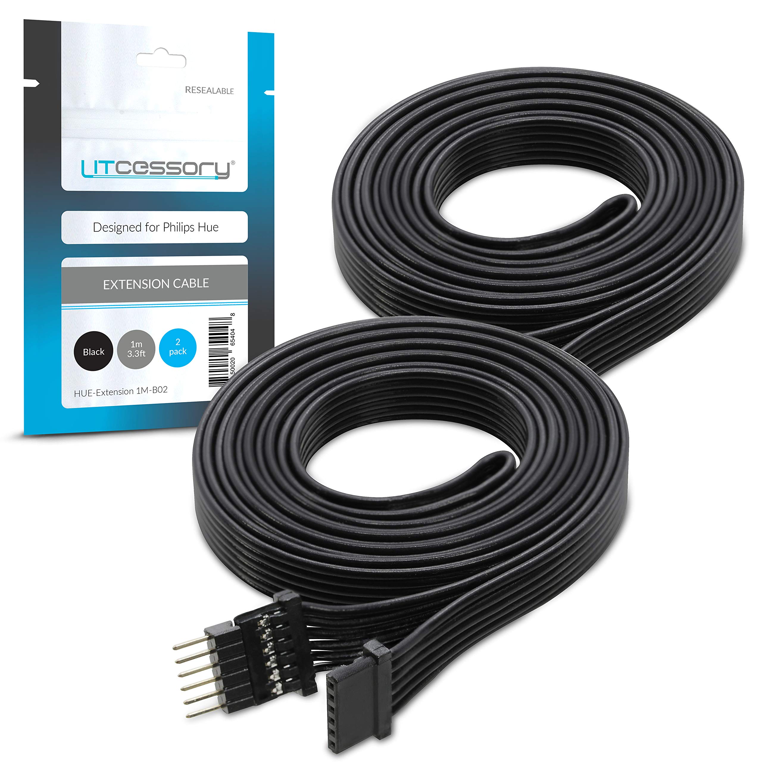 Litcessory Extension Cable for Philips Hue/Solo Lightstrip (1m, 2 Pack, Black - MICRO 6-PIN V4 / Solo Lightstrip)