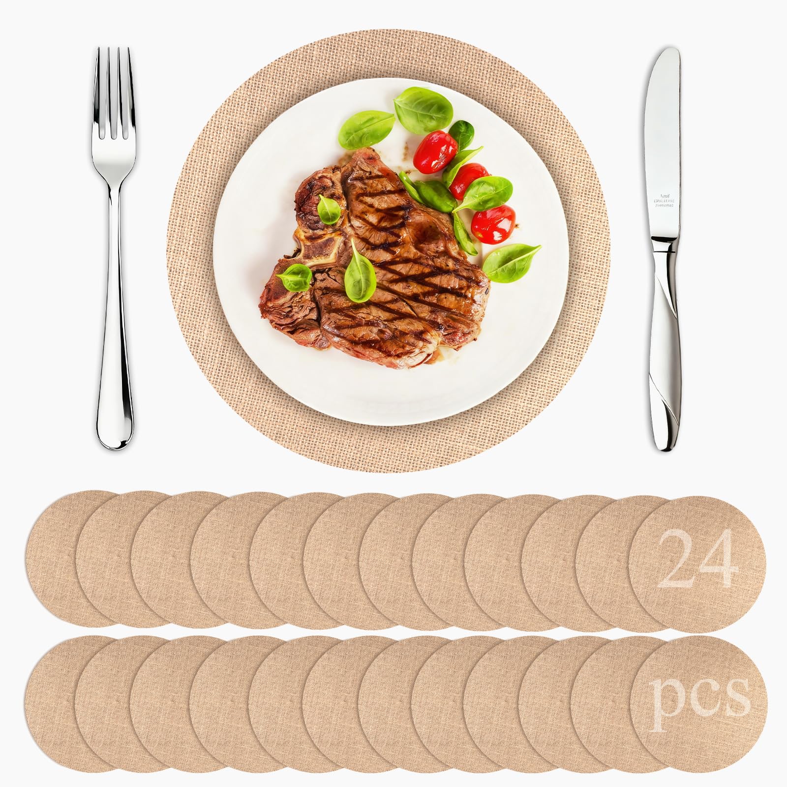 Photo 1 of 24 Pcs Round Burlap Placemats Bulk 11.8 Inch Reusable Jute Placemats, Rustic Round Charger Plates Bulk for Wedding Dinner Party Table Decorations