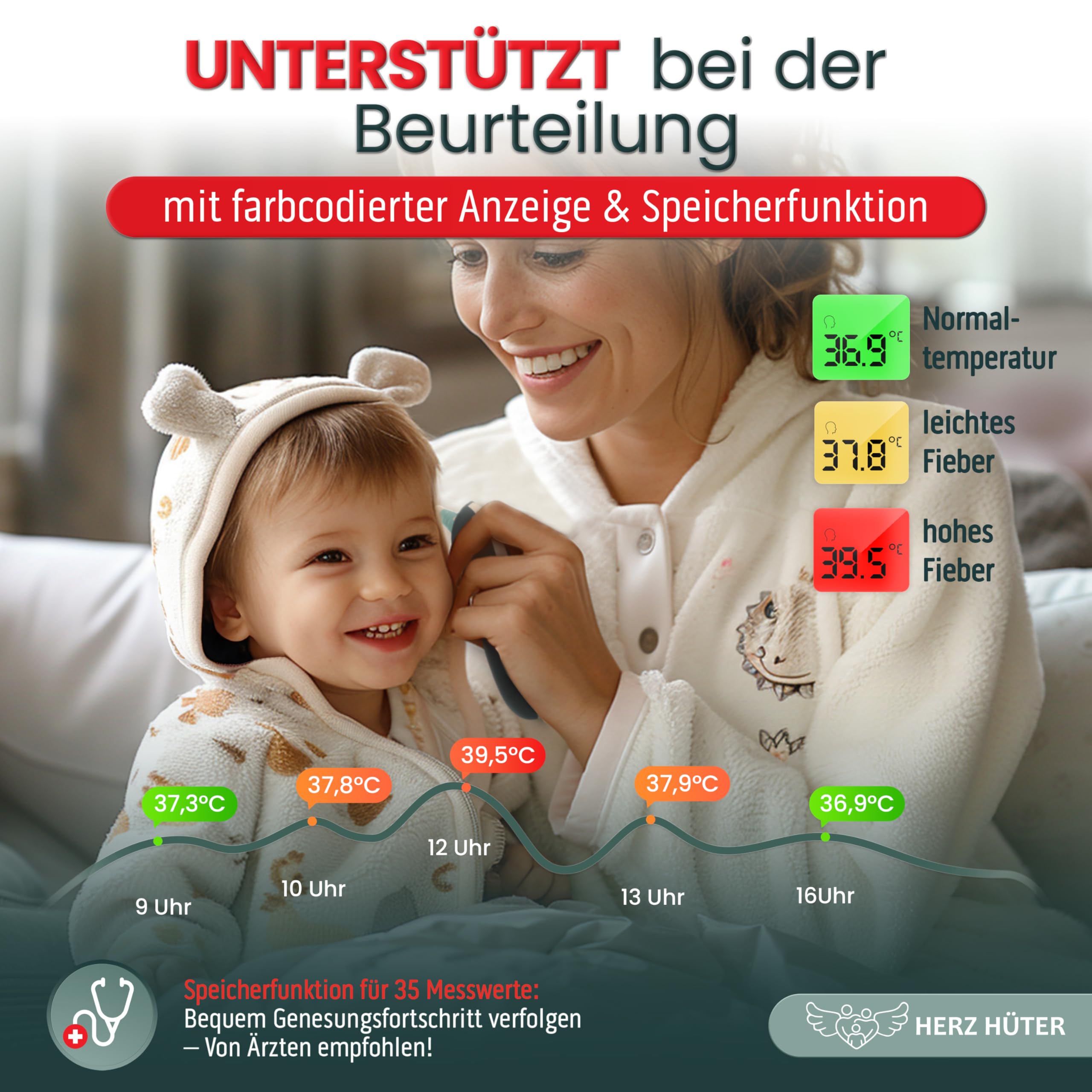 Fieberthermometer Ohr & Stirn, 3 in 1 Thermometer Ohrthermometer Baby Kinder & Erwachsene Stirnthermometer kontaktlos Digitales Fieber-Thermometer Infrarot-Messgerät, TÜV-zertifiziertes Medizinprodukt 4