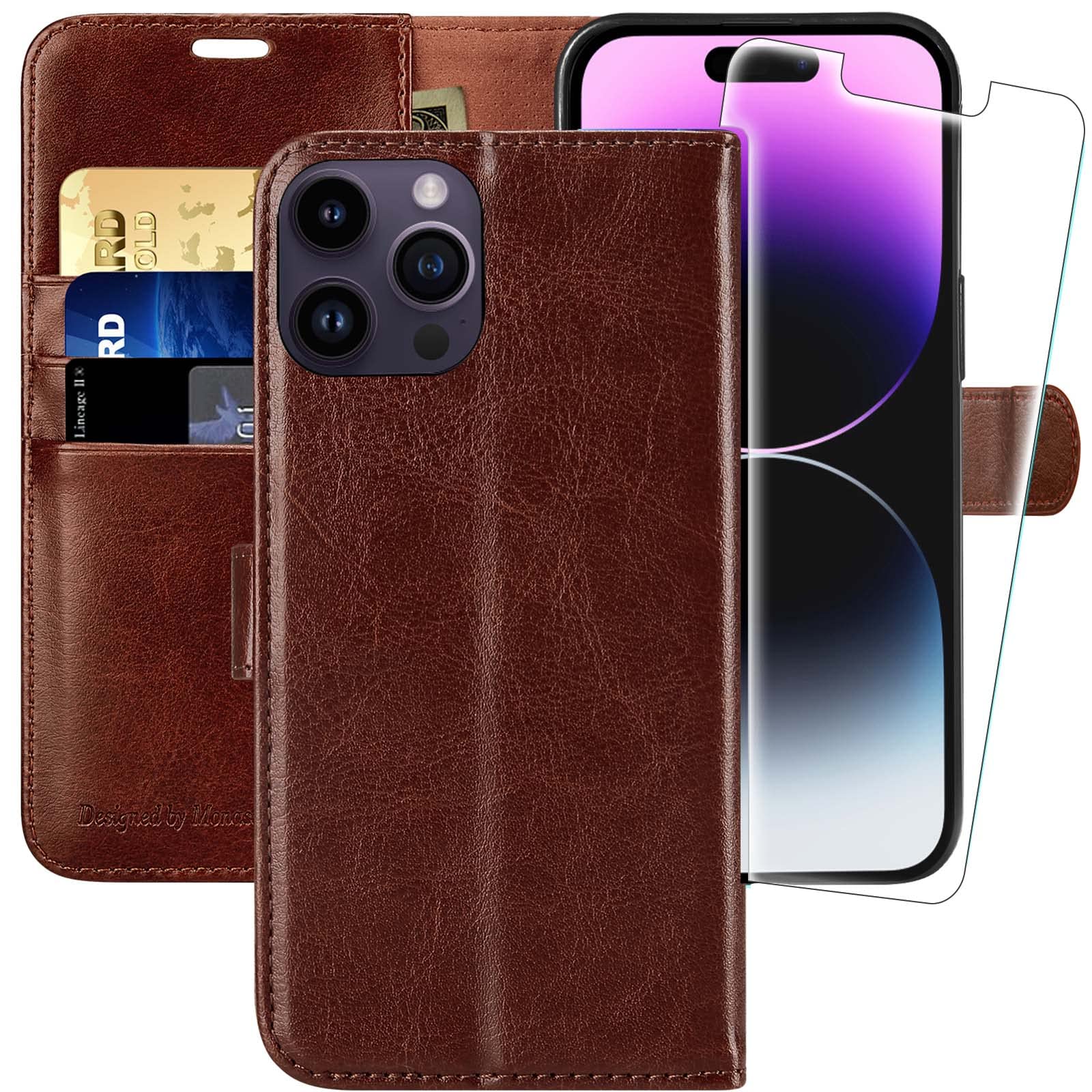 MONASAY Wallet Case for iPhone 14 Pro Max 5G,6.7-inch,[Glass Screen Protector Included] [RFID Blocking] Flip Folio Leather Cell Phone Cover with Credit Card Holder for Apple iPhone 14 Pro Max,Brown