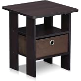 Furinno ANDREY Square Side Table, End Table, Night Stand, Dark Walnut | Open Shelves, Storage Bin, Soft-Corner, Modern Bedside Table for Small Spaces, Study, Dorm, Living Room, Bedroom