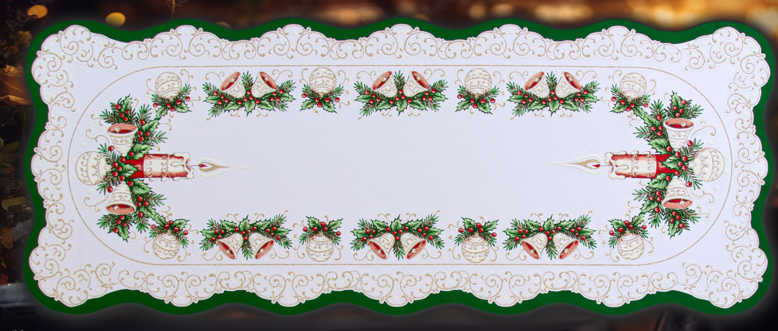 MforStyle Christmas table runner 90x35cm (35.4" x 13.8") Candle Jingle Bells Red Gold Green Traditional Festive pattern Xmas table cover linen