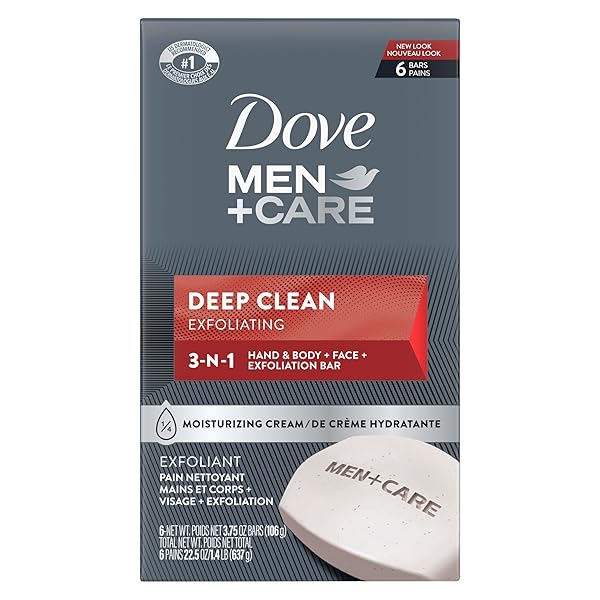DOVE MEN+CARE BODY SOAP AND FACE BAR MORE MOISTURIZING THAN BAR SOAP DEEP CLEAN EFFECTIVELY WASHES AWAY BACTERIA, NOURISHES YOUR SKIN 3.75 OUNCE (PACK OF 6)
